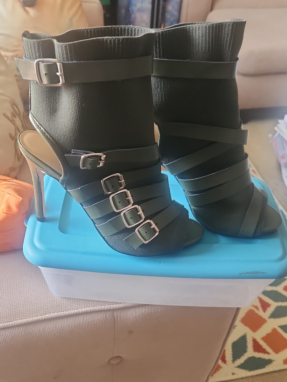 Strappy Open-Toe High-Heel Booties in Dark Green with Buckle Accents